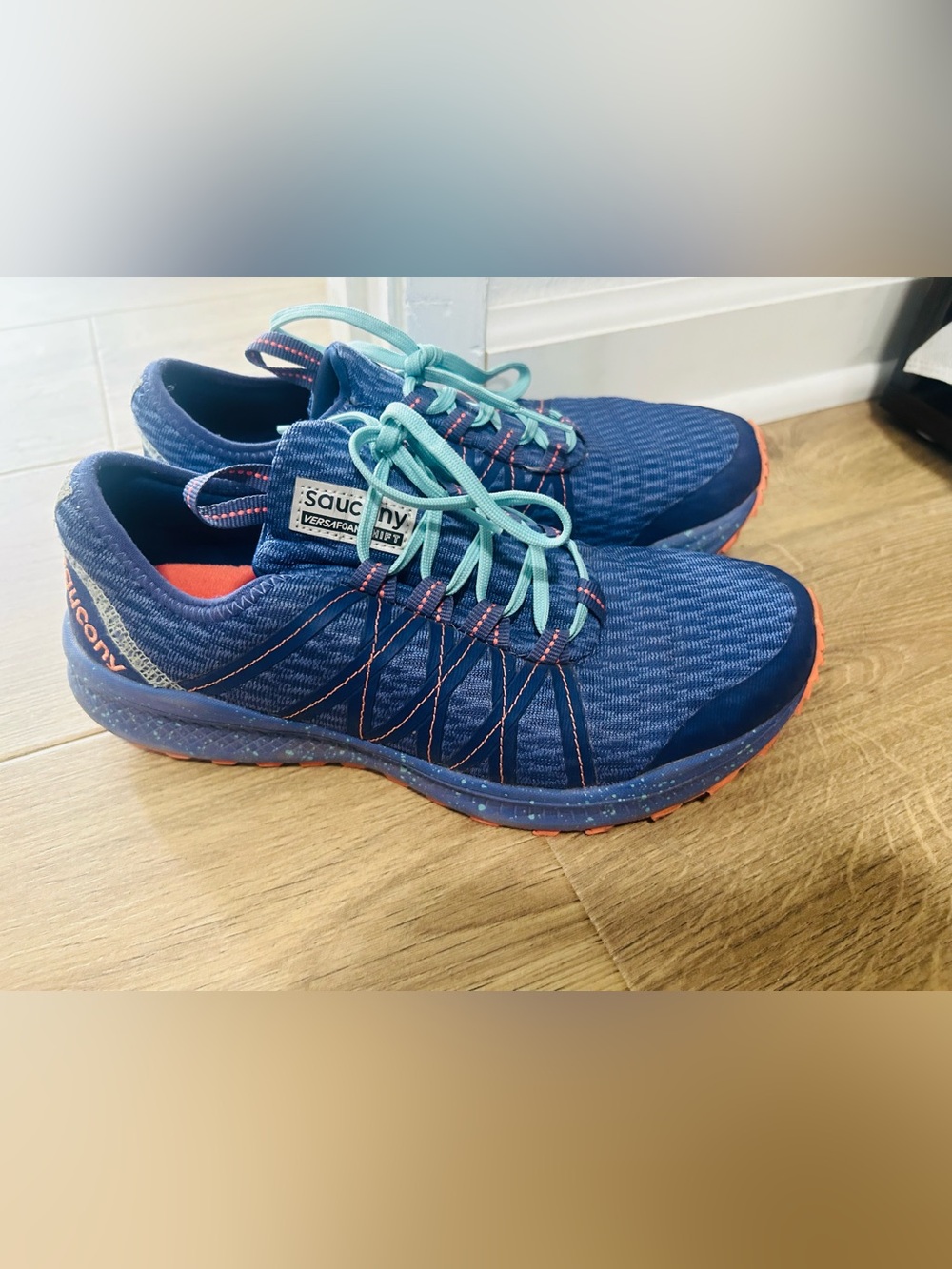 Saucony Women's Navy Running Shoes with Aqua Laces and Coral Soles